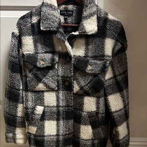 Love Tree Checkered Teddy Jacket in Black and Cream